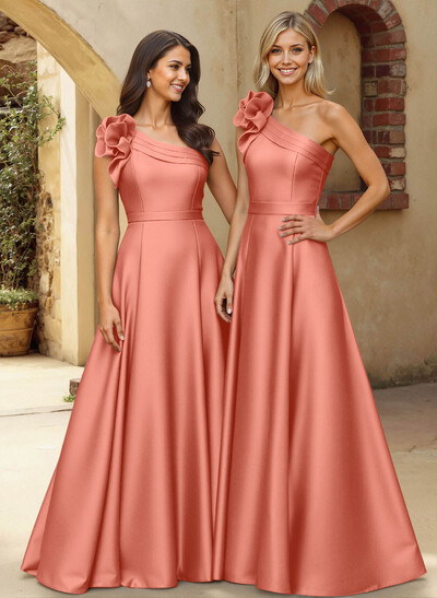 A-Line One-Shoulder Sleeveless Floor-Length Satin Bridesmaid Dresses With Flower(s)