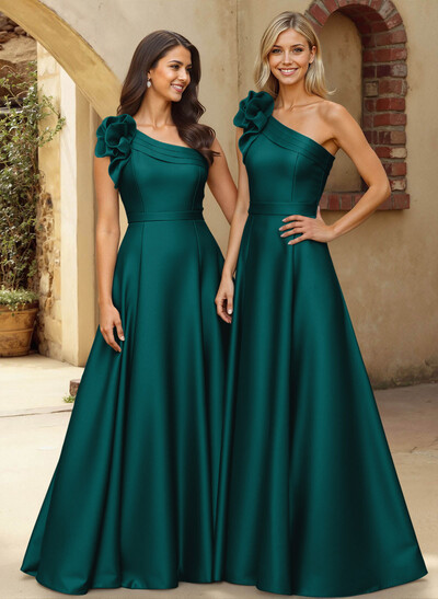 A-Line One-Shoulder Sleeveless Floor-Length Satin Bridesmaid Dresses With Flower(s)