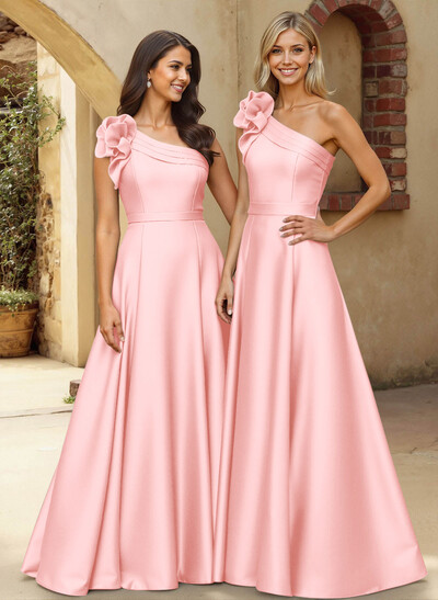 A-Line One-Shoulder Sleeveless Floor-Length Satin Bridesmaid Dresses With Flower(s)
