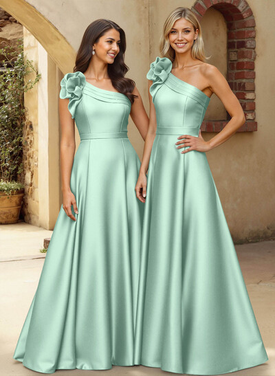 A-Line One-Shoulder Sleeveless Floor-Length Satin Bridesmaid Dresses With Flower(s)