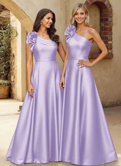 A-Line One-Shoulder Sleeveless Floor-Length Satin Bridesmaid Dresses With Flower(s)
