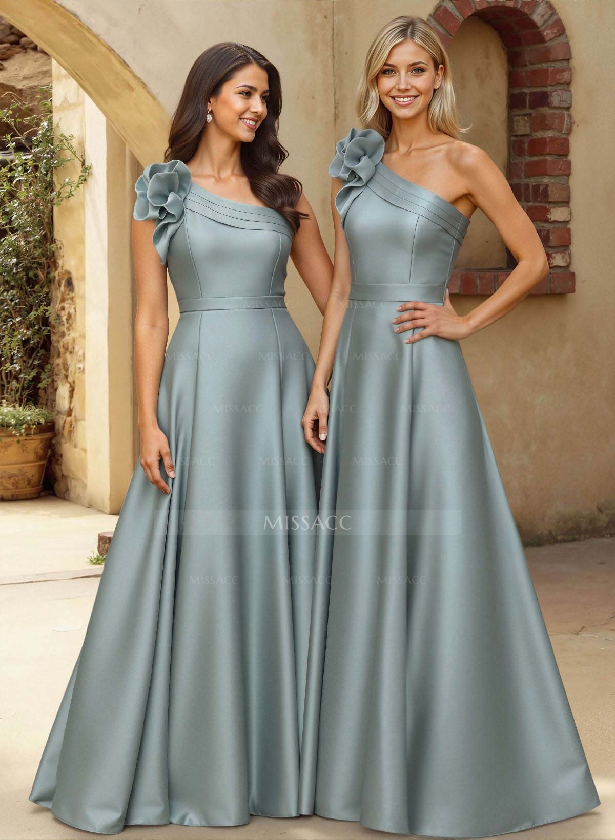 A-Line One-Shoulder Sleeveless Floor-Length Satin Bridesmaid Dresses With Flower(s)