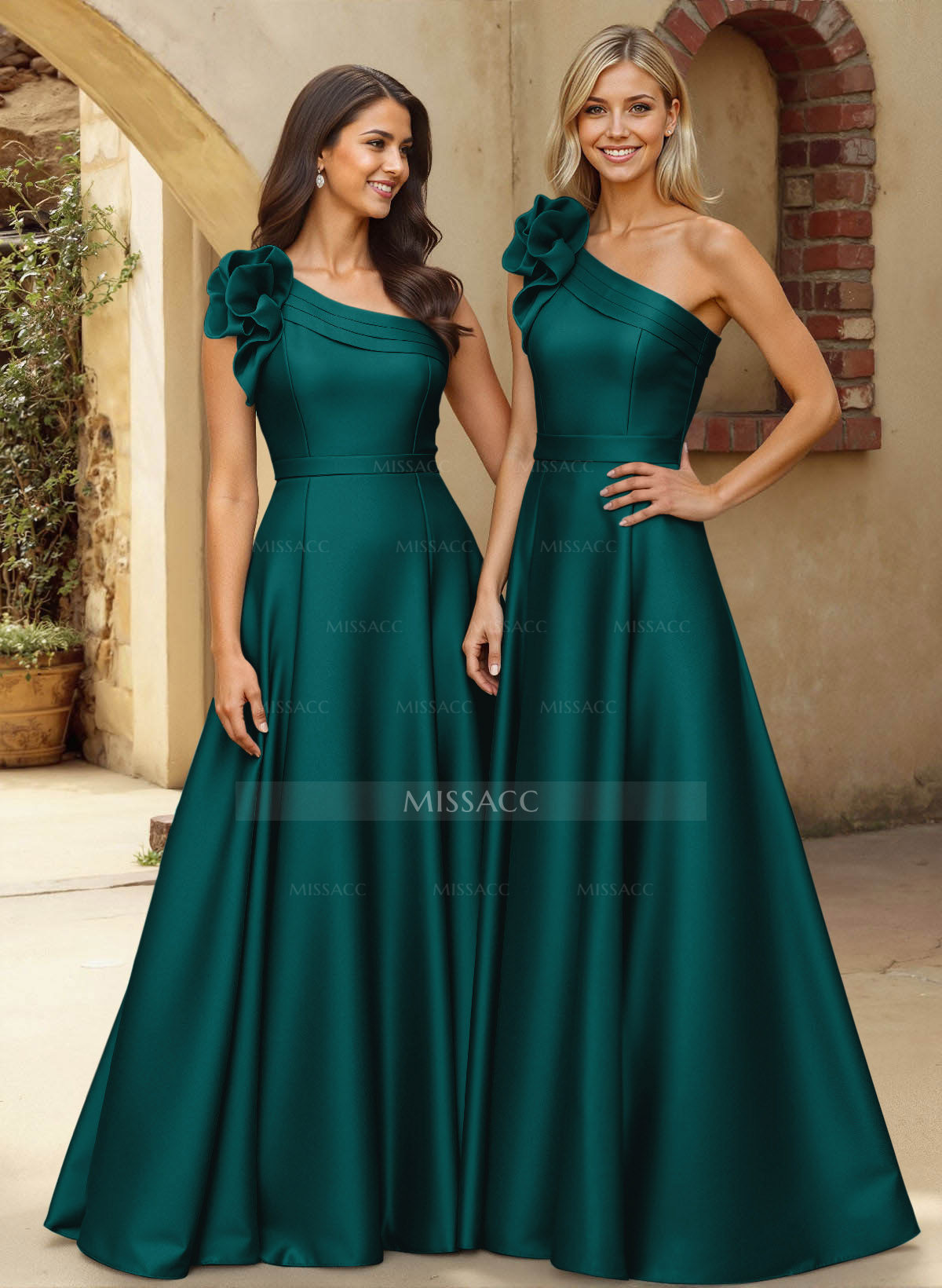 A-Line One-Shoulder Sleeveless Floor-Length Satin Bridesmaid Dresses With Flower(s)