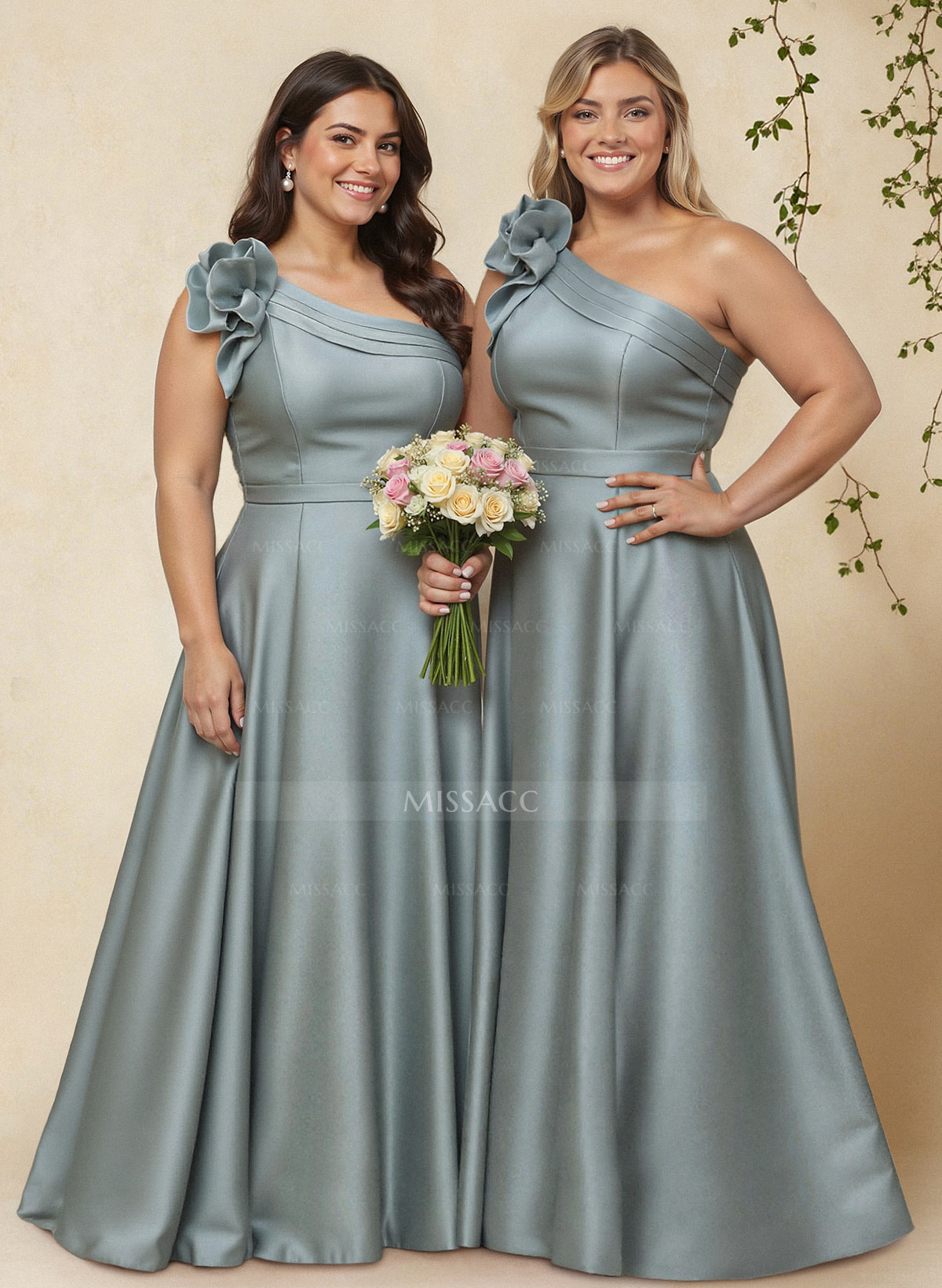 A-Line One-Shoulder Sleeveless Floor-Length Satin Bridesmaid Dresses With Flower(s)