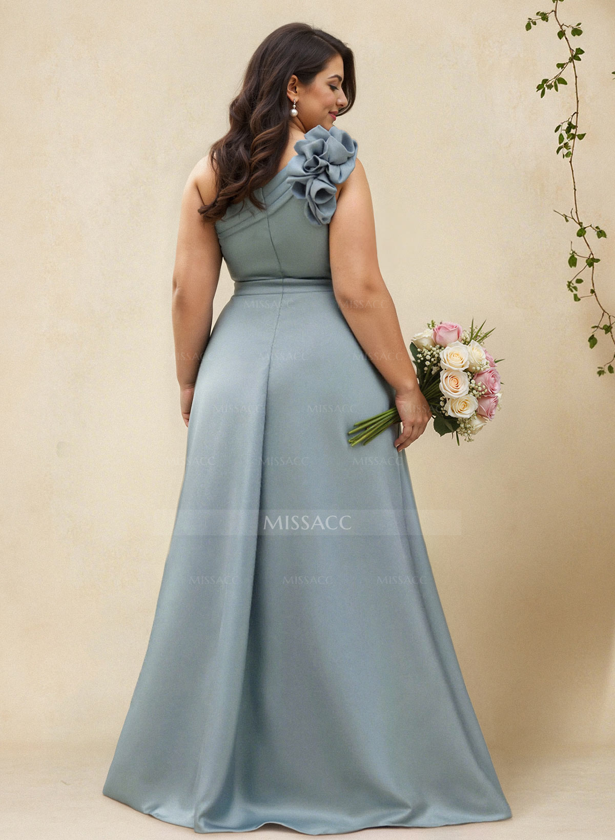 A-Line One-Shoulder Sleeveless Floor-Length Satin Bridesmaid Dresses With Flower(s)