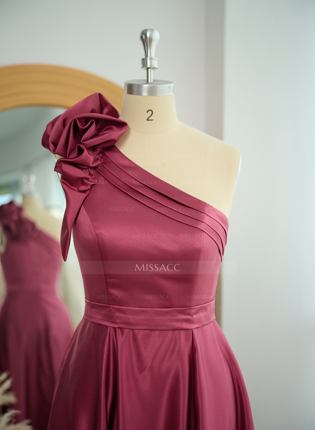 A-Line One-Shoulder Sleeveless Floor-Length Satin Bridesmaid Dresses With Flower(s)