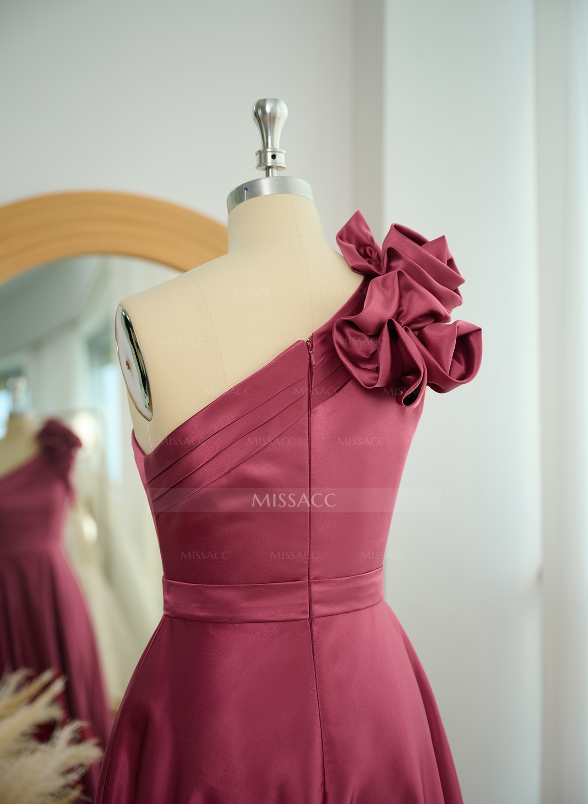 A-Line One-Shoulder Sleeveless Floor-Length Satin Bridesmaid Dresses With Flower(s)