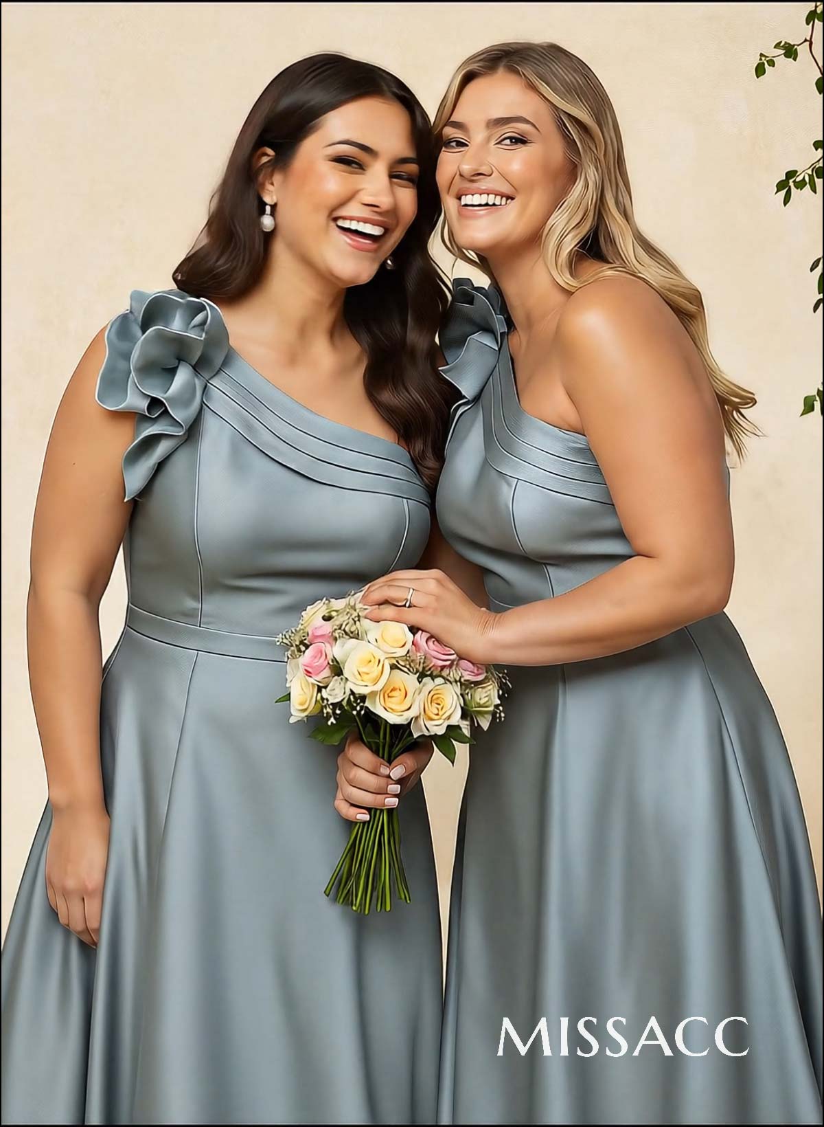 A-Line One-Shoulder Sleeveless Floor-Length Satin Bridesmaid Dresses With Flower(s)