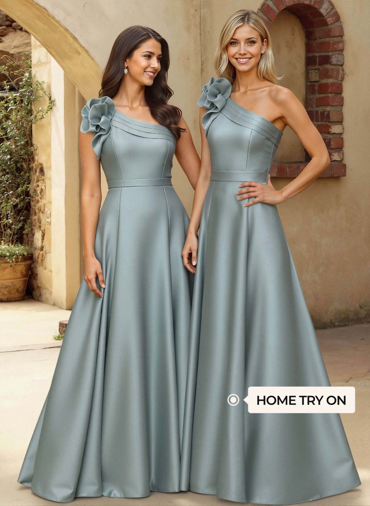 A-Line One-Shoulder Sleeveless Floor-Length Satin Bridesmaid Dresses With Flower(s)