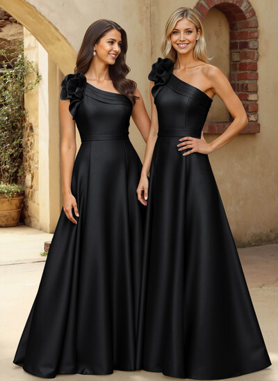 A-Line One-Shoulder Sleeveless Floor-Length Satin Bridesmaid Dresses With Flower(s)