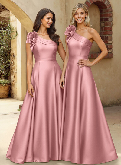 A-Line One-Shoulder Sleeveless Floor-Length Satin Bridesmaid Dresses With Flower(s)