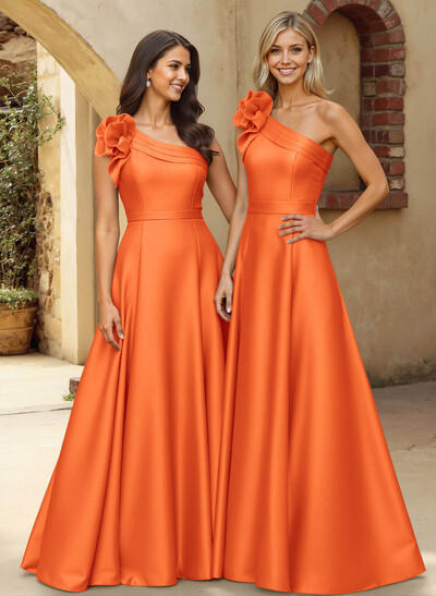 A-Line One-Shoulder Sleeveless Floor-Length Satin Bridesmaid Dresses With Flower(s)
