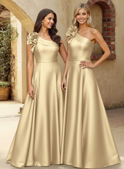 A-Line One-Shoulder Sleeveless Floor-Length Satin Bridesmaid Dresses With Flower(s)