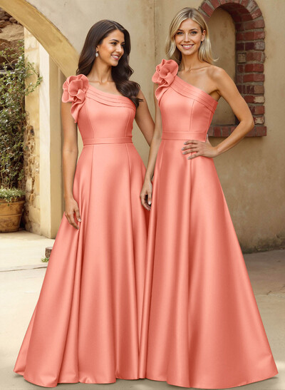A-Line One-Shoulder Sleeveless Floor-Length Satin Bridesmaid Dresses With Flower(s)