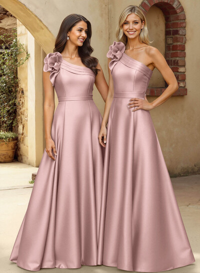 A-Line One-Shoulder Sleeveless Floor-Length Satin Bridesmaid Dresses With Flower(s)