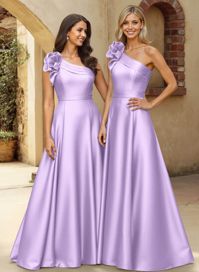 A-Line One-Shoulder Sleeveless Floor-Length Satin Bridesmaid Dresses With Flower(s)