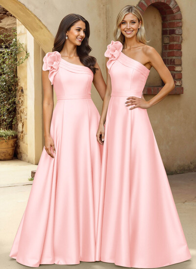 A-Line One-Shoulder Sleeveless Floor-Length Satin Bridesmaid Dresses With Flower(s)