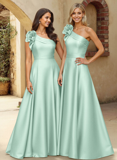 A-Line One-Shoulder Sleeveless Floor-Length Satin Bridesmaid Dresses With Flower(s)