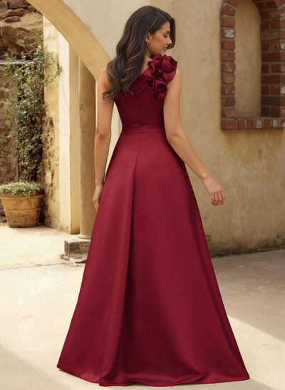 A-Line One-Shoulder Sleeveless Floor-Length Satin Bridesmaid Dresses With Flower(s)
