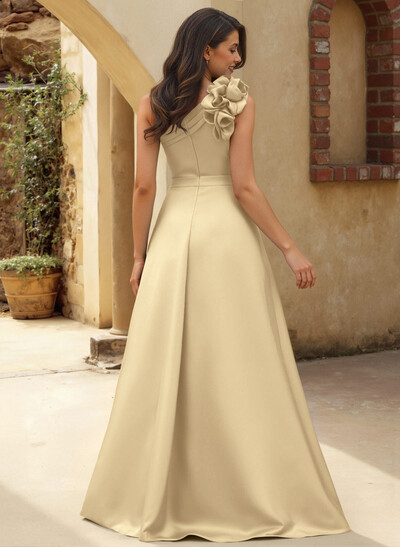 A-Line One-Shoulder Sleeveless Floor-Length Satin Bridesmaid Dresses With Flower(s)