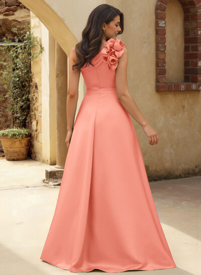A-Line One-Shoulder Sleeveless Floor-Length Satin Bridesmaid Dresses With Flower(s)