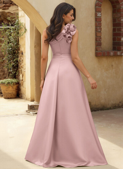A-Line One-Shoulder Sleeveless Floor-Length Satin Bridesmaid Dresses With Flower(s)