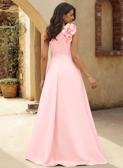 A-Line One-Shoulder Sleeveless Floor-Length Satin Bridesmaid Dresses With Flower(s)