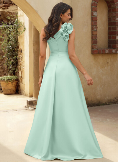 A-Line One-Shoulder Sleeveless Floor-Length Satin Bridesmaid Dresses With Flower(s)