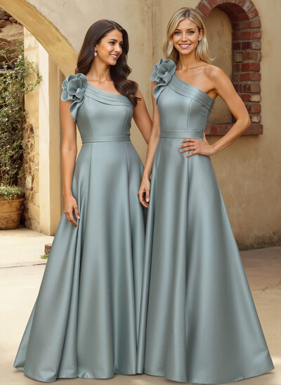 A-Line One-Shoulder Sleeveless Floor-Length Satin Bridesmaid Dresses With Flower(s)