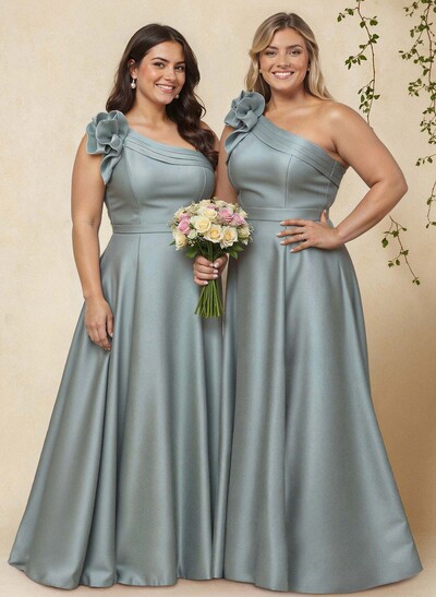 A-Line One-Shoulder Sleeveless Floor-Length Satin Bridesmaid Dresses With Flower(s)