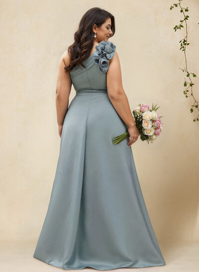 A-Line One-Shoulder Sleeveless Floor-Length Satin Bridesmaid Dresses With Flower(s)