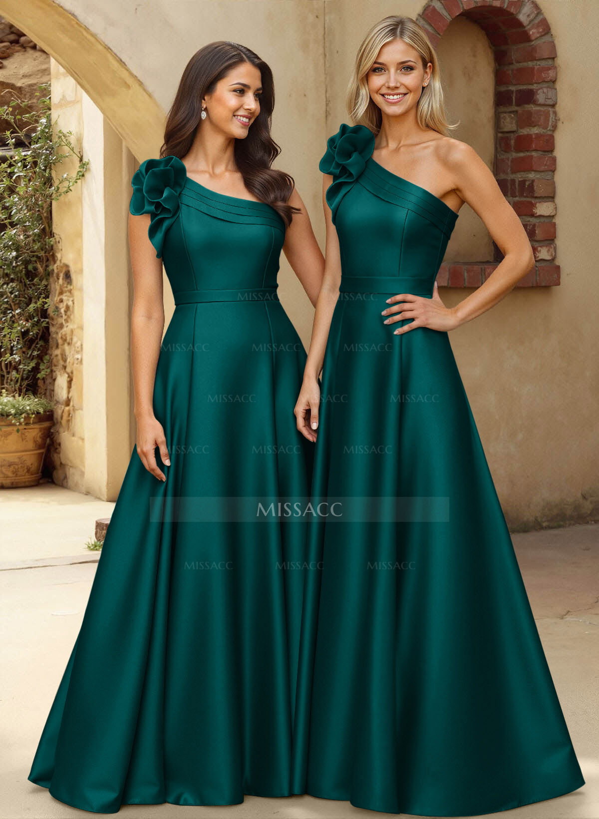 A-Line One-Shoulder Sleeveless Floor-Length Satin Bridesmaid Dresses With Flower(s)