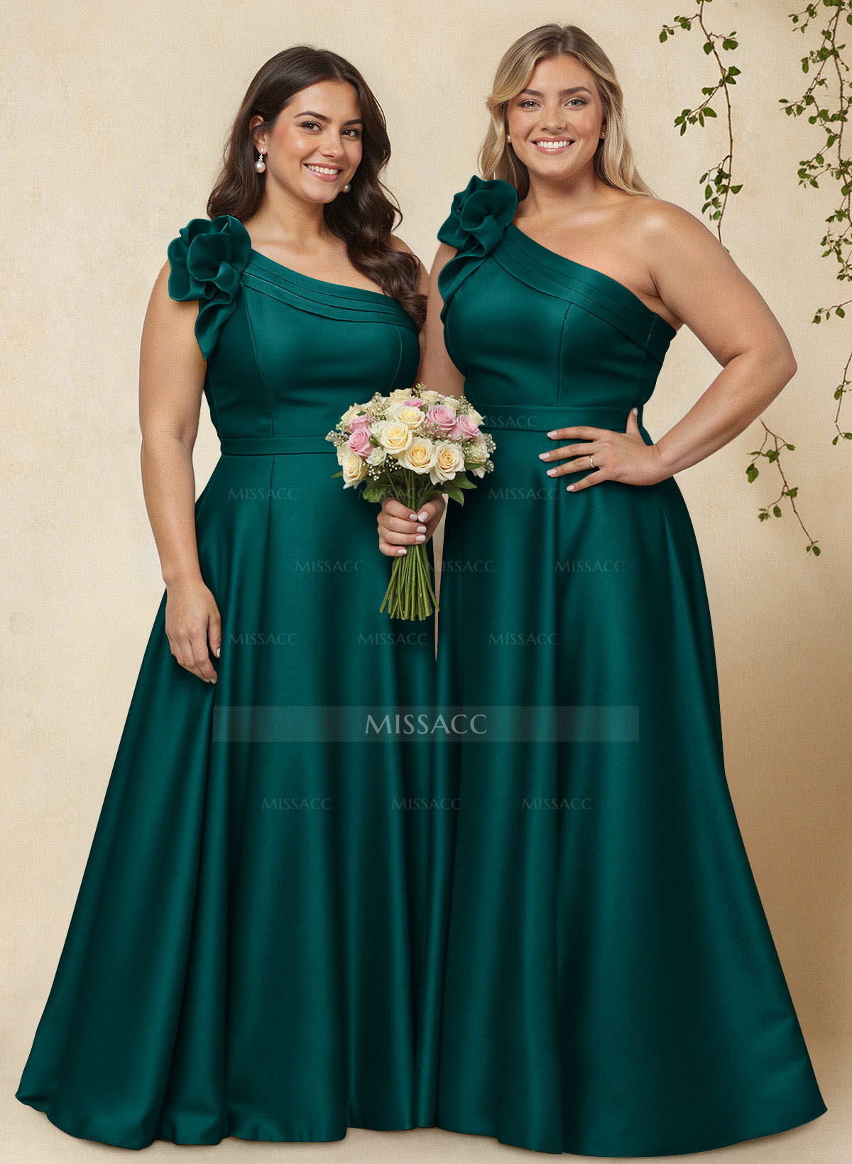 A-Line One-Shoulder Sleeveless Floor-Length Satin Bridesmaid Dresses With Flower(s)