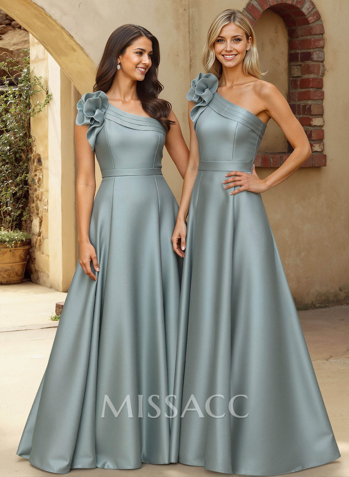 A-Line One-Shoulder Sleeveless Floor-Length Satin Bridesmaid Dresses With Flower(s) A-Line One-Shoulder Sleeveless Floor-Length Satin Bridesmaid Dresses With Flower(s)