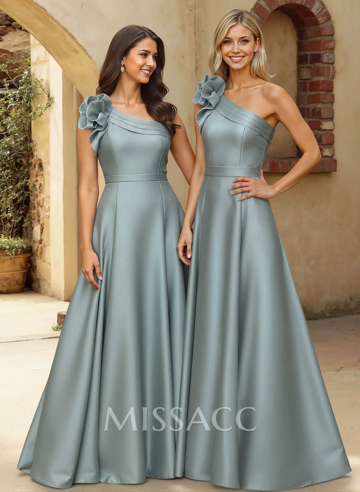 A-Line One-Shoulder Sleeveless Floor-Length Satin Bridesmaid Dresses With Flower(s) - Missacc A-Line One-Shoulder Sleeveless Floor-Length Satin Bridesmaid Dresses With Flower(s) - Missacc