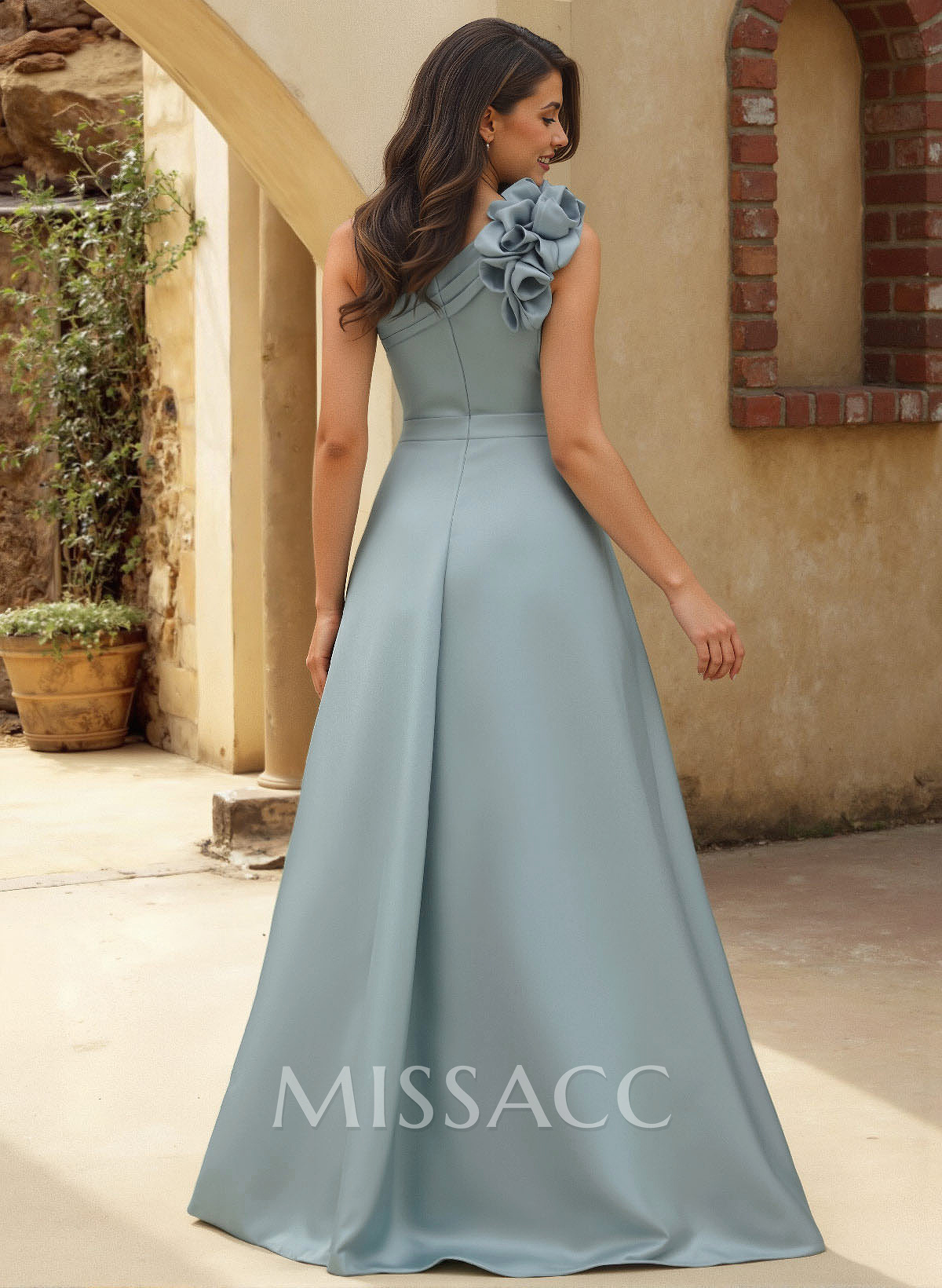 A-Line One-Shoulder Sleeveless Floor-Length Satin Bridesmaid Dresses With Flower(s) A-Line One-Shoulder Sleeveless Floor-Length Satin Bridesmaid Dresses With Flower(s)