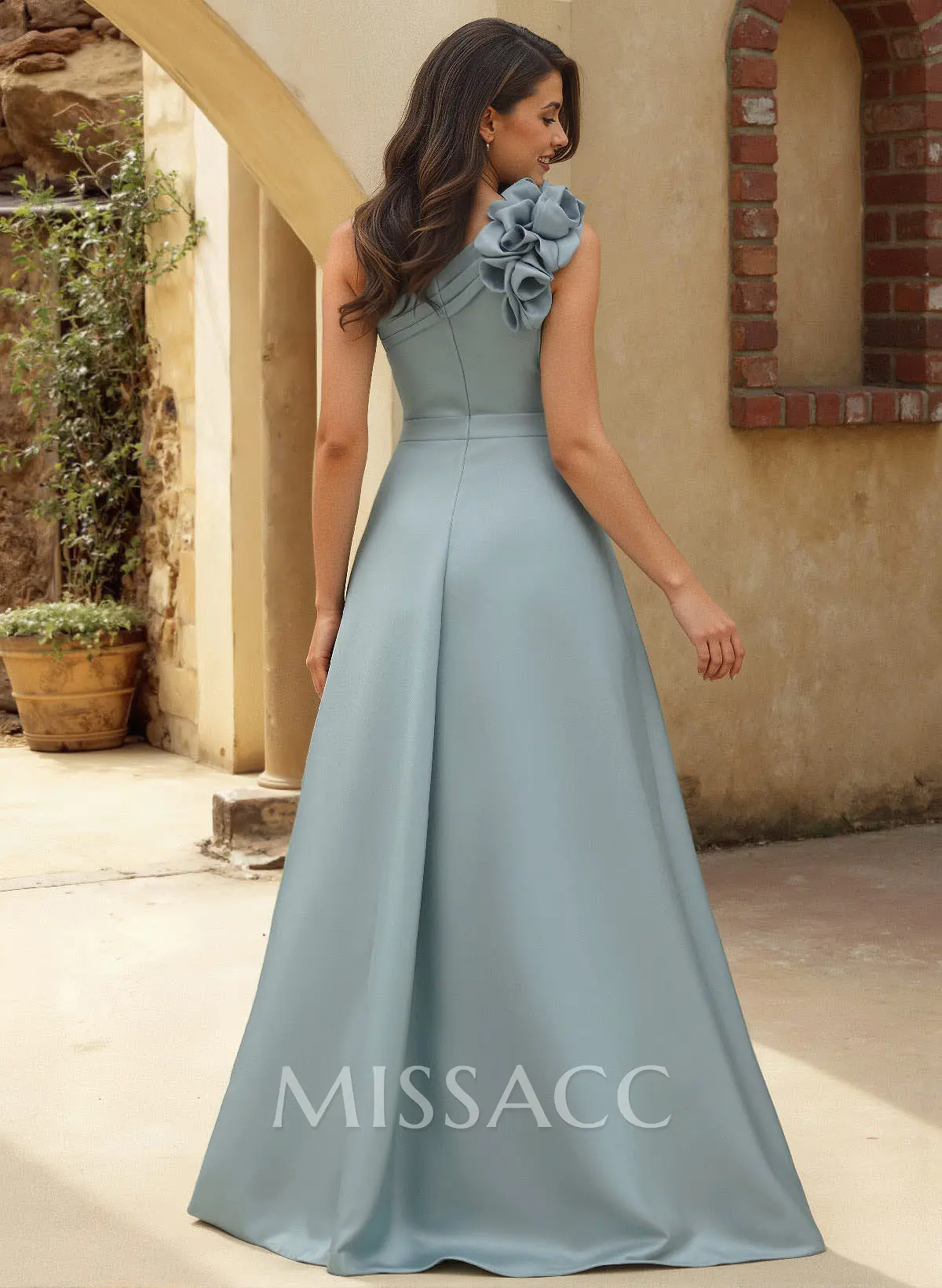 A-Line One-Shoulder Sleeveless Floor-Length Satin Bridesmaid Dresses With  Flower(s) - Missacc