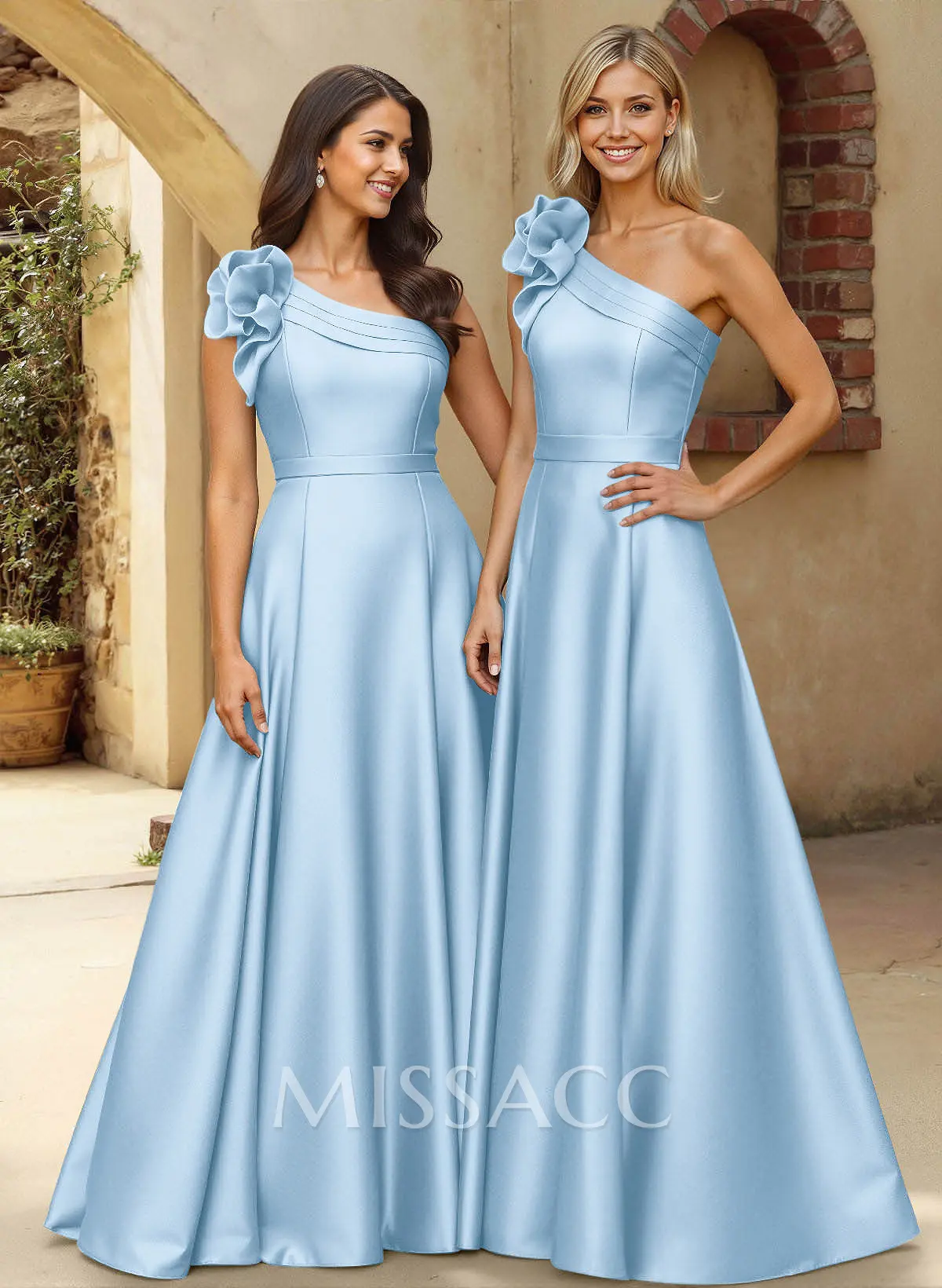 A-Line One-Shoulder Sleeveless Floor-Length Satin Bridesmaid Dresses With Flower(s) - Missacc A-Line One-Shoulder Sleeveless Floor-Length Satin Bridesmaid Dresses With Flower(s) - Missacc