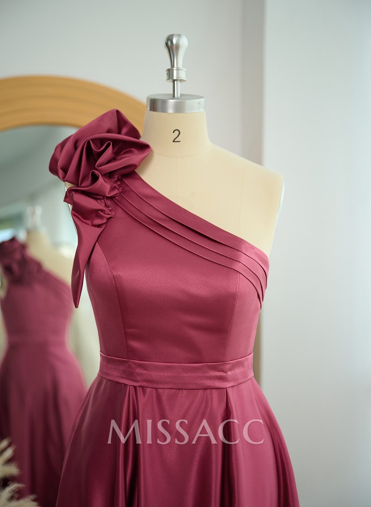 A-Line One-Shoulder Sleeveless Floor-Length Satin Bridesmaid Dresses With Flower(s) A-Line One-Shoulder Sleeveless Floor-Length Satin Bridesmaid Dresses With Flower(s)