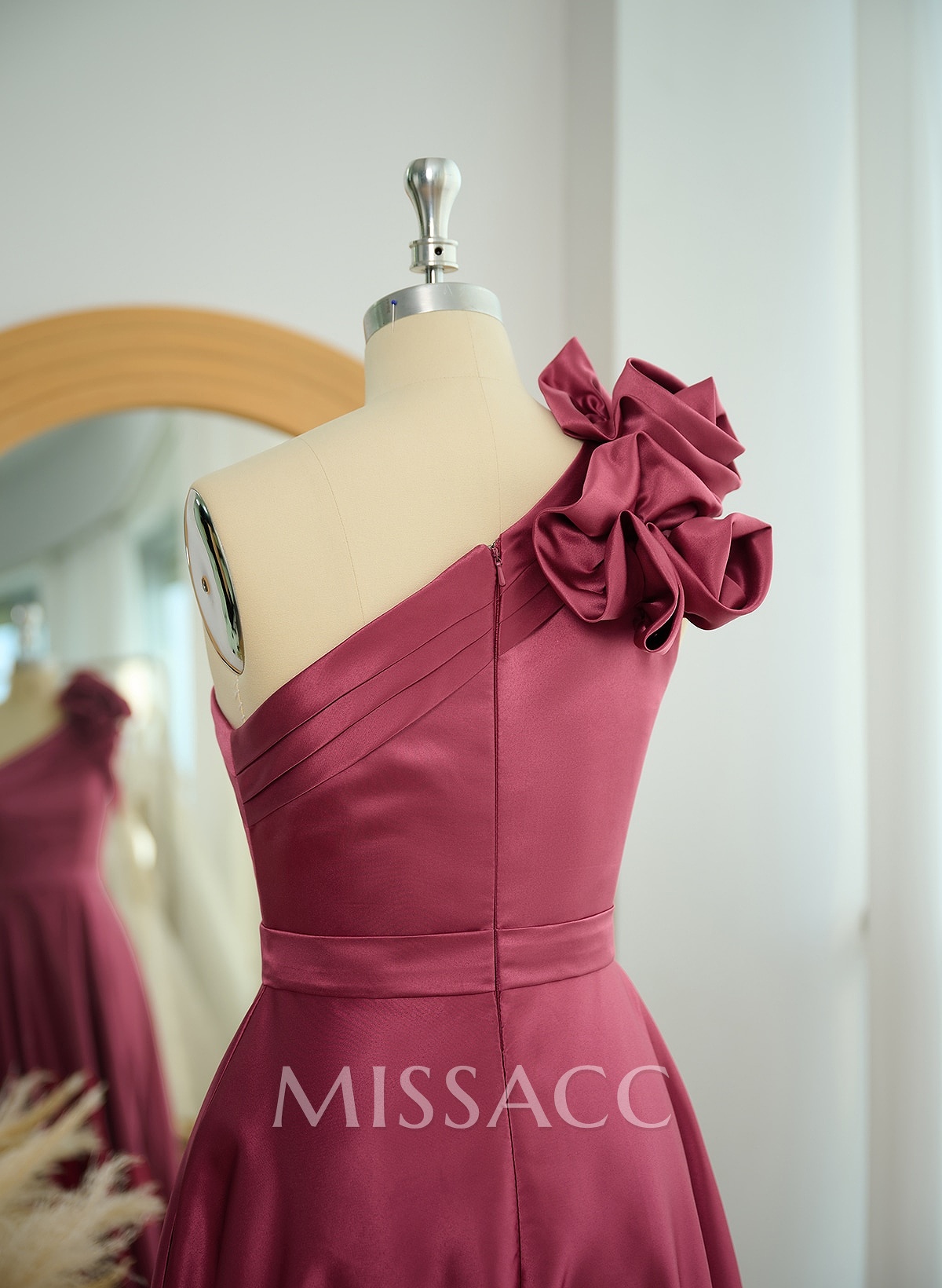 A-Line One-Shoulder Sleeveless Floor-Length Satin Bridesmaid Dresses With Flower(s) A-Line One-Shoulder Sleeveless Floor-Length Satin Bridesmaid Dresses With Flower(s)