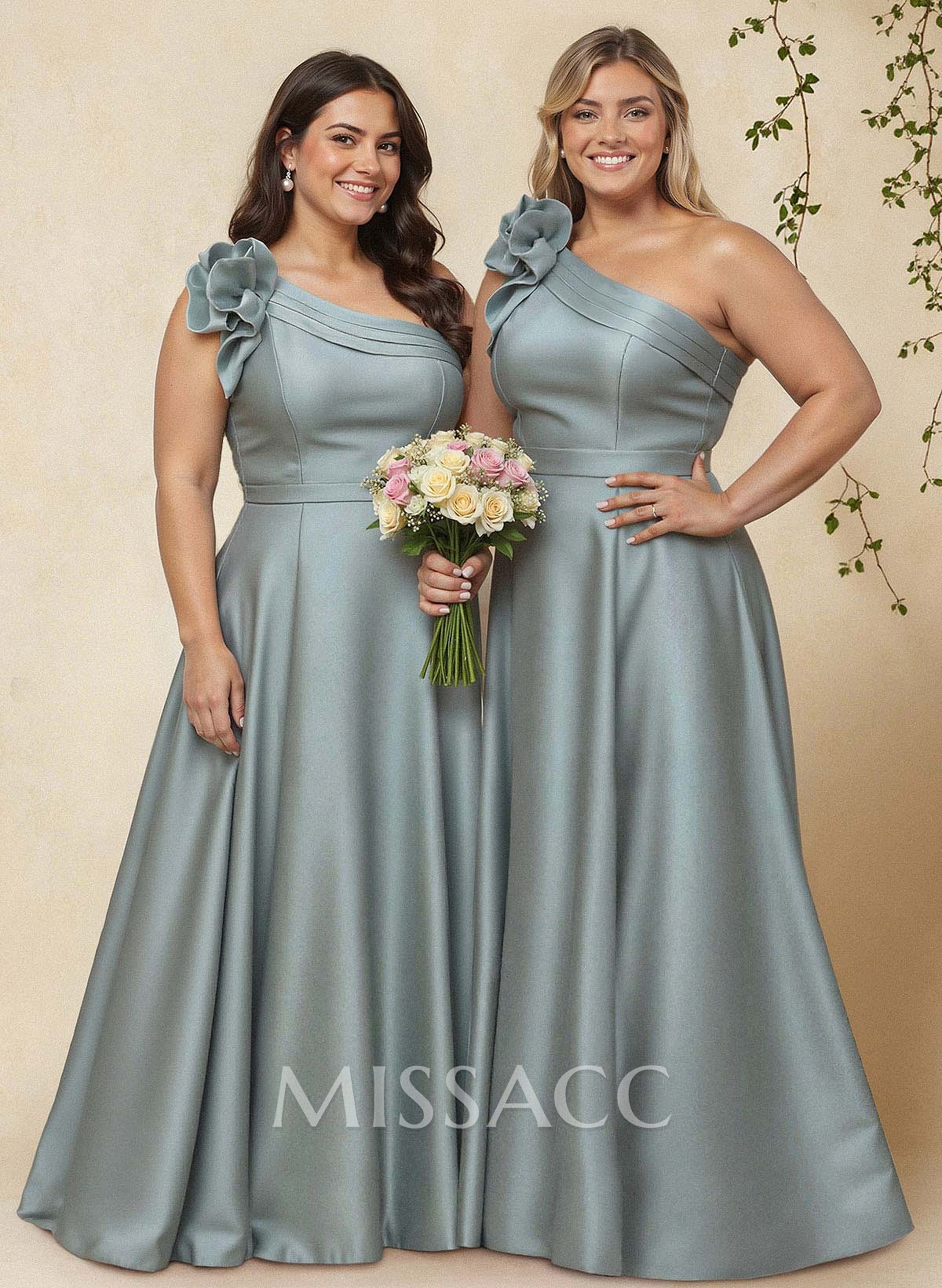 A-Line One-Shoulder Sleeveless Floor-Length Satin Bridesmaid Dresses With Flower(s) A-Line One-Shoulder Sleeveless Floor-Length Satin Bridesmaid Dresses With Flower(s)