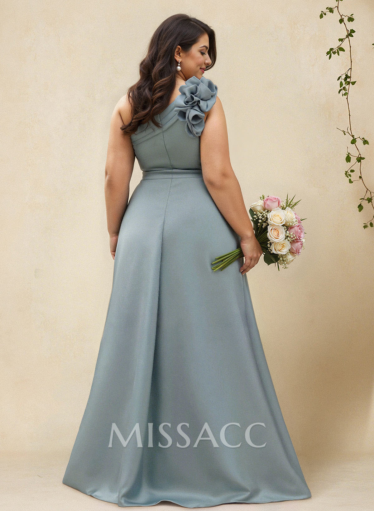 A-Line One-Shoulder Sleeveless Floor-Length Satin Bridesmaid Dresses With Flower(s) A-Line One-Shoulder Sleeveless Floor-Length Satin Bridesmaid Dresses With Flower(s)