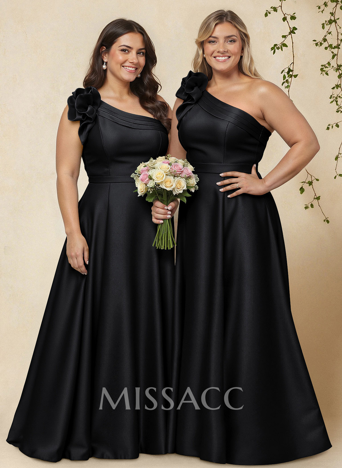 A-Line One-Shoulder Sleeveless Floor-Length Satin Bridesmaid Dresses With Flower(s)