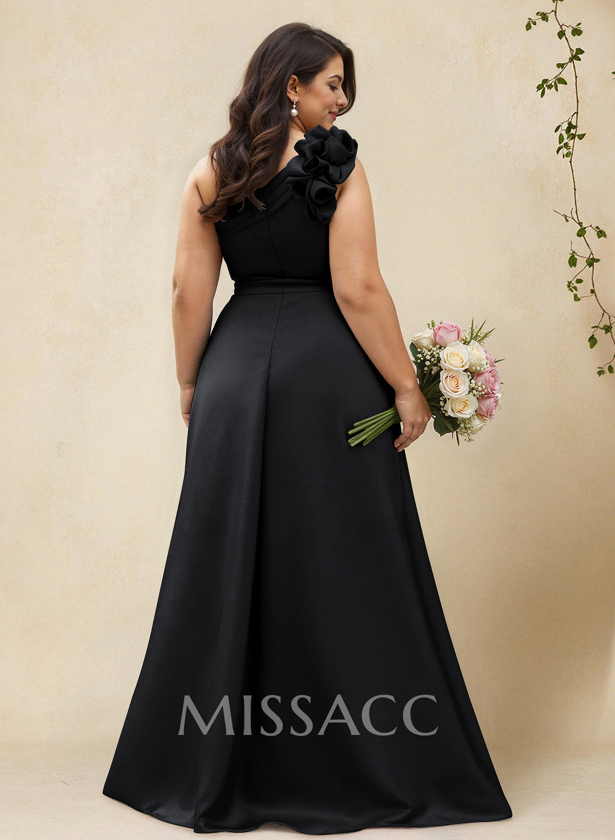 A-Line One-Shoulder Sleeveless Floor-Length Satin Bridesmaid Dresses With Flower(s)