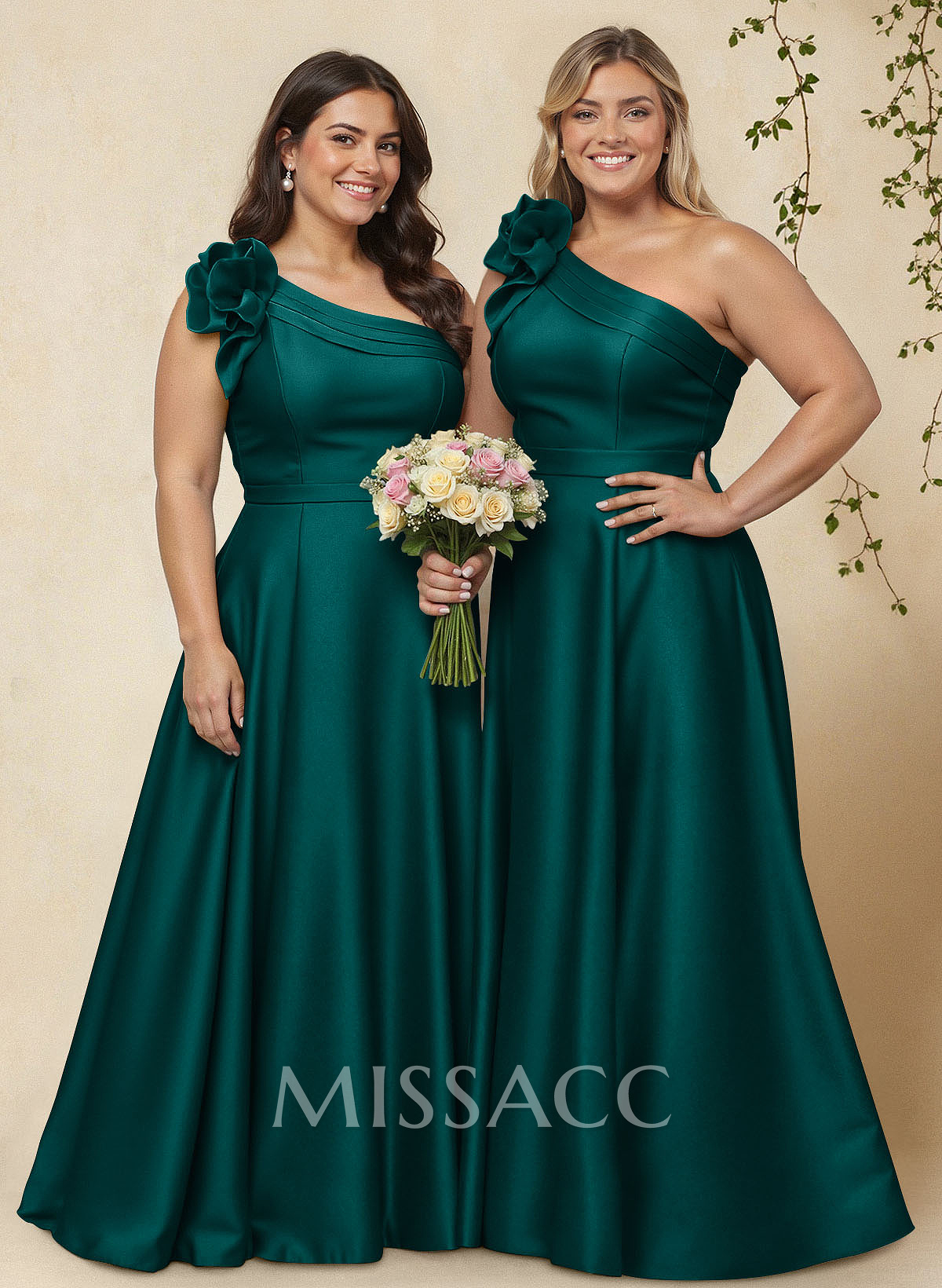 A-Line One-Shoulder Sleeveless Floor-Length Satin Bridesmaid Dresses With Flower(s)