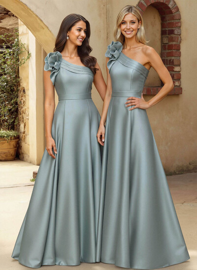 A-Line One-Shoulder Sleeveless Floor-Length Satin Bridesmaid Dresses With Flower(s)