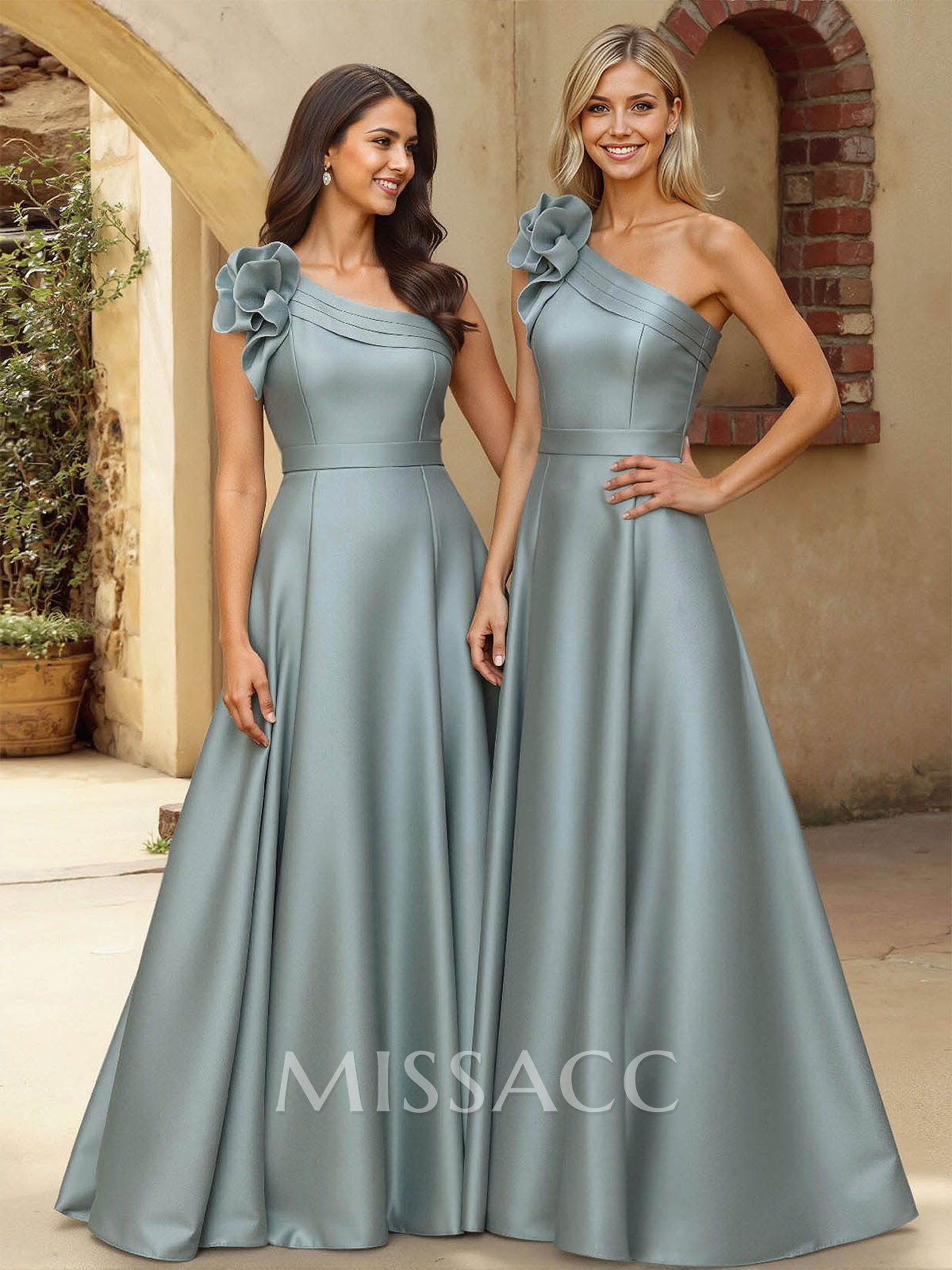 A-Line One-Shoulder Sleeveless Floor-Length Satin Bridesmaid Dresses With Flower(s) A-Line One-Shoulder Sleeveless Floor-Length Satin Bridesmaid Dresses With Flower(s)