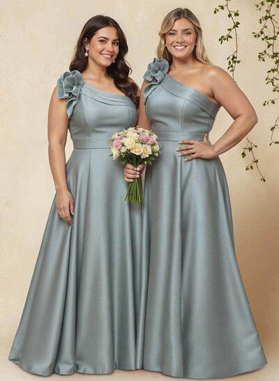 A-Line One-Shoulder Sleeveless Floor-Length Satin Bridesmaid Dresses With Flower(s)