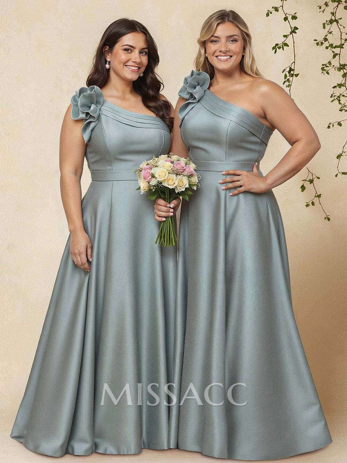 A-Line One-Shoulder Sleeveless Floor-Length Satin Bridesmaid Dresses With Flower(s) A-Line One-Shoulder Sleeveless Floor-Length Satin Bridesmaid Dresses With Flower(s)