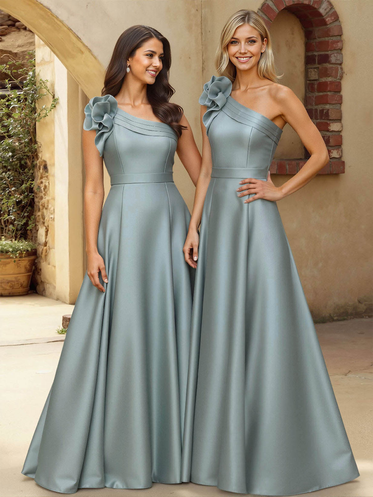 A-Line One-Shoulder Sleeveless Floor-Length Satin Bridesmaid Dresses With Flower(s) A-Line One-Shoulder Sleeveless Floor-Length Satin Bridesmaid Dresses With Flower(s)